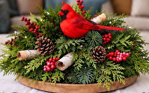 Cardinal Evergreen Centrepiece